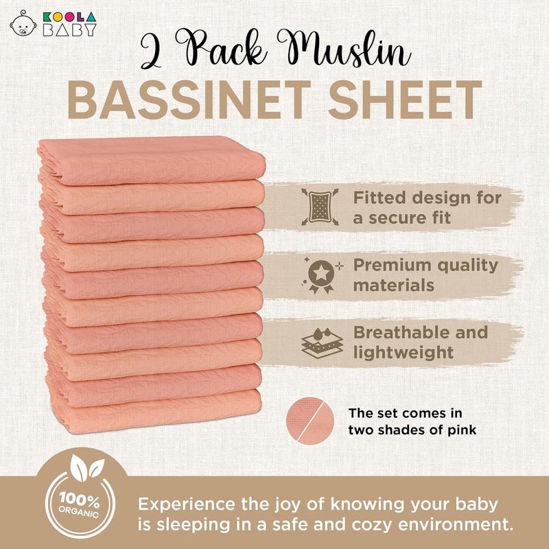 KoolerThings Bassinet Sheet for Bassinet Mattress - 100% Organic Muslin Cotton - Snuggly Soft & Cozy Sheets Fitted for Maxi COSI Iora, Angelbliss, Baby Joy, & Kids Club Bedside Sleeper - 2 Pack - Image 3